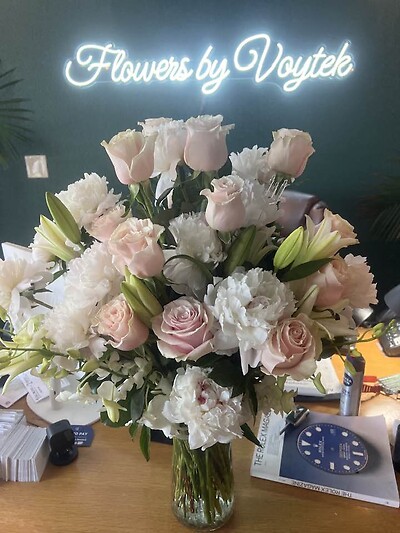 PEONIES WITH ROSES AND ORCIDS