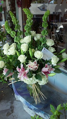white roses,pink lilies ,bells of irleand&amp; white hydrangeas