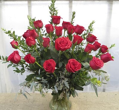 two dozen heart roses with beautiful eucalyptusfiller