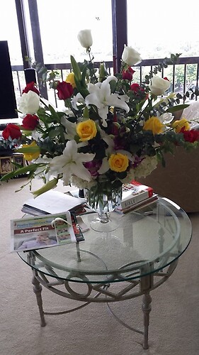 yellow &amp; red roses with white casablanca lilies