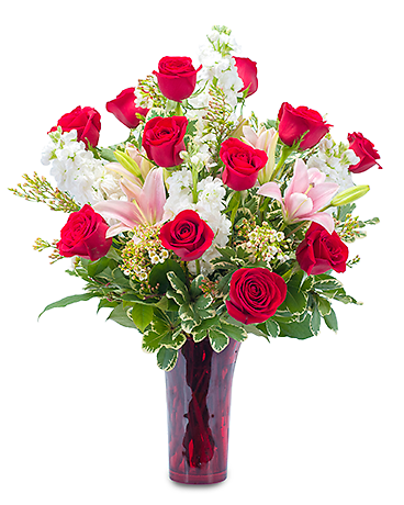 Red Lipstick Roses,lilies &amp; stock in red vase